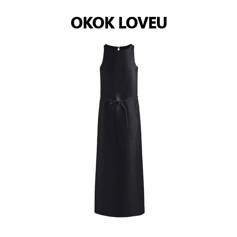 OKOK LOVEU 简雾黑色吊带连衣裙女夏季新款无袖马甲长裙背裙礼服