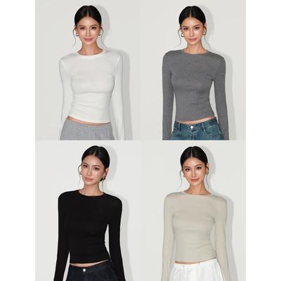 NEVA HU 半糖摩卡 白色圆领长袖t恤女修身内搭显瘦针织打底衫上衣