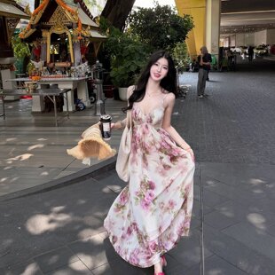 Fart Shop花漾花海 V领绑带露背吊带连衣裙女春夏蕾丝修饰裙