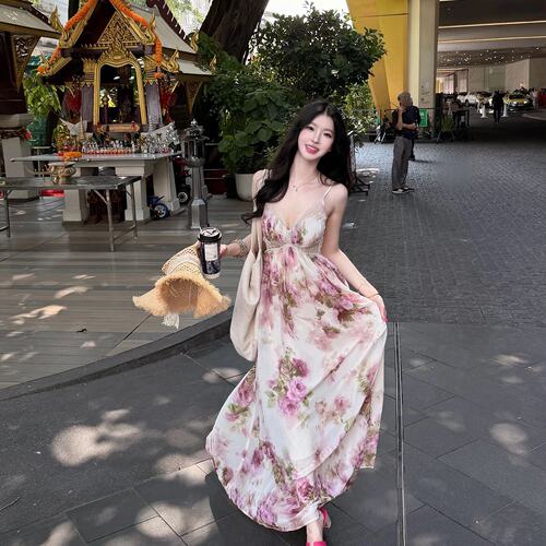 Fart Shop花漾花海 V领绑带露背吊带连衣裙女春夏蕾丝修饰裙