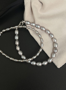 莫兰迪灰天然米粒珍珠手链女