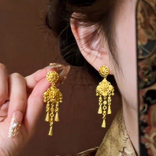 宝相花流苏耳钉仿真黄金沙金耳饰古法新中式结婚轻奢高级感送女友