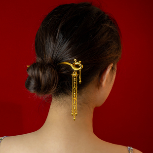 新中式金凤九步摇发簪子凤钗古风新娘古法黄金色订婚结婚凤簪沙金