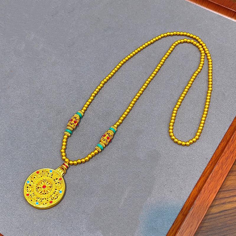 黄金色八宝罗盘吊坠长珠珠链仿沙金转运珠项链女珐琅新中式毛衣链