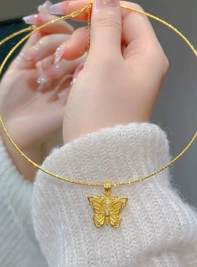 花丝烧蓝蝴蝶沙金项圈点钻流苏项链女仿真黄金色珐琅吊坠颈锁骨链