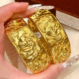 复古浮雕宽版繁华牡丹手镯女金色雕花开口手镯国风新中式戒指套装