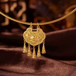 莲花锁包项圈真沙金假黄金色项链吊坠结婚璎珞花丝风铃流苏吊坠