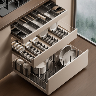 厨房拉篮改造抽屉内置碗架橱柜锅碗柜定制碗碟收纳架放碗盘置物架