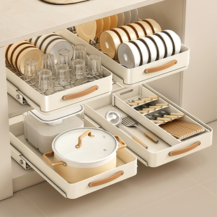 厨房碗盘收纳架橱柜自制拉篮抽拉式 碗碟置物架内置放碗餐具沥水架