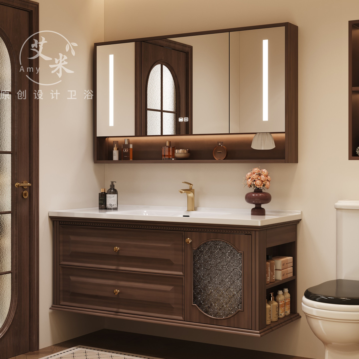 法式复古风岩板浴室柜组合吊柜式智能镜柜实木橡木洗手盆柜卫生间