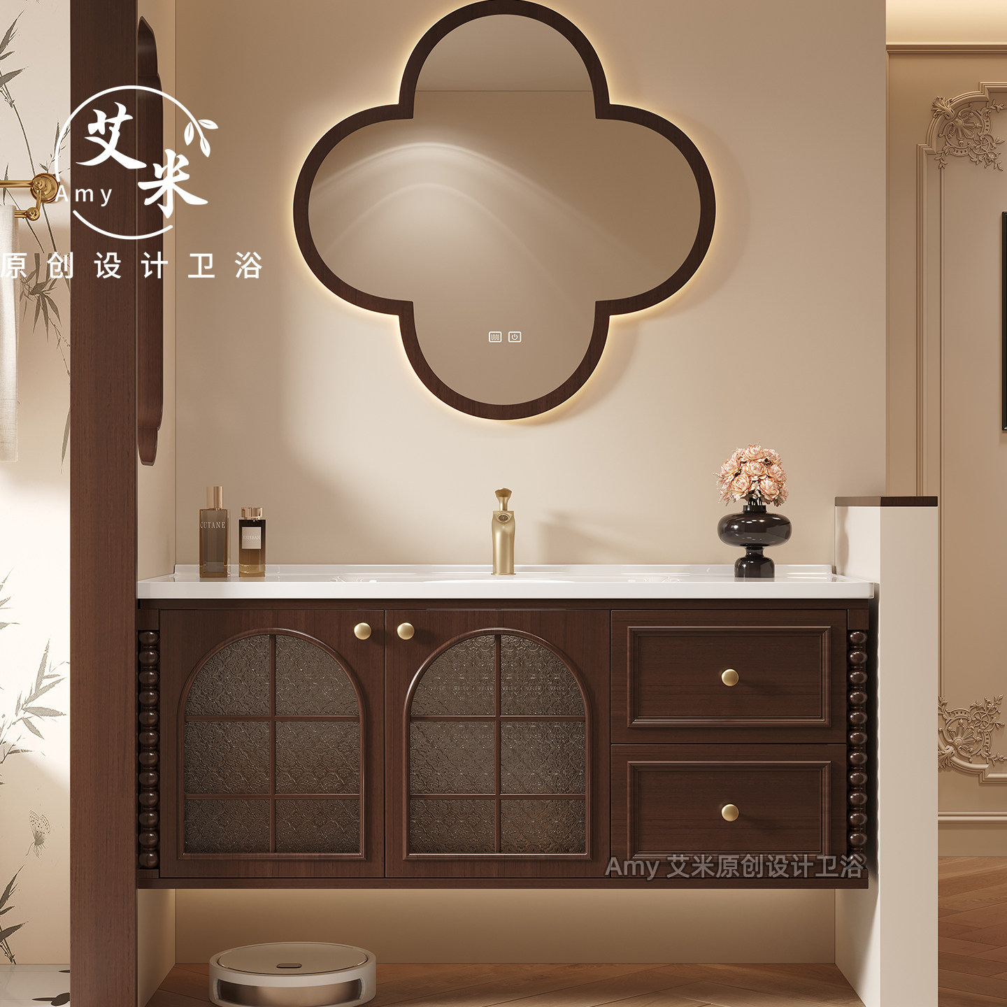 新款法式复古风浴室柜组合吊柜式智能镜柜实木橡木洗手盆柜卫生间