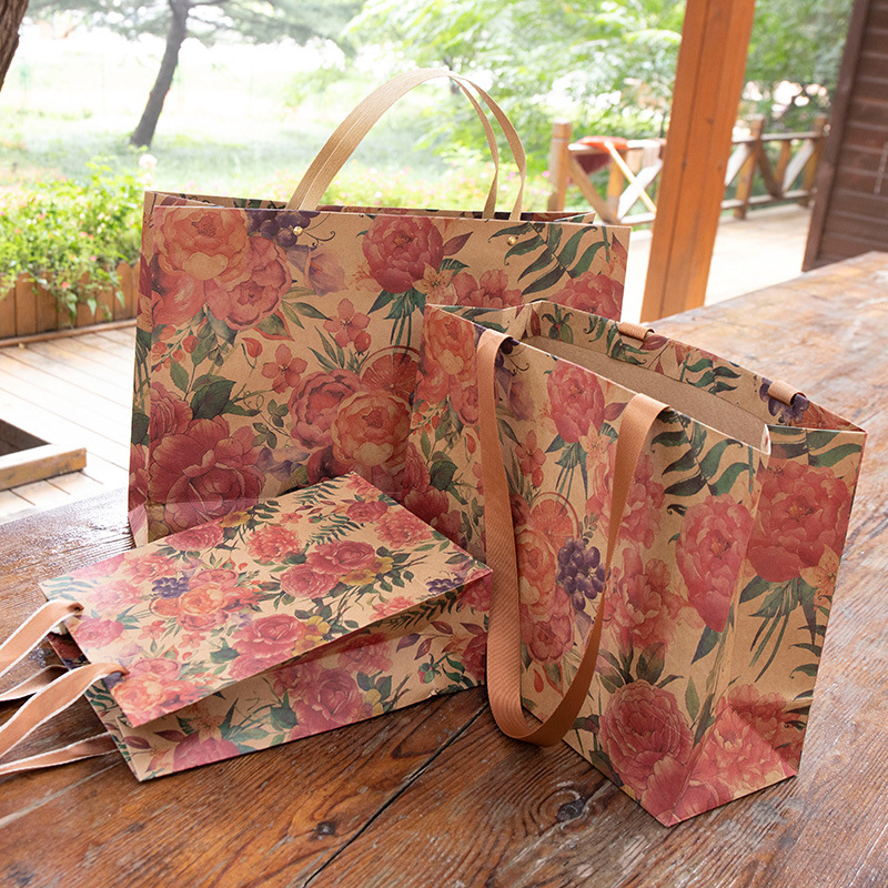 中秋节玫瑰花牛皮纸袋礼品袋生日高档伴手礼物袋手提袋子大包装袋