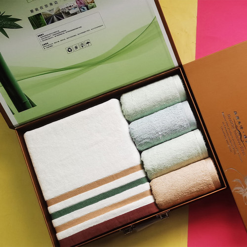 PUZOO璞竹 竹纤维加厚浴巾毛巾五件套礼品浴巾/方巾礼盒logo定制