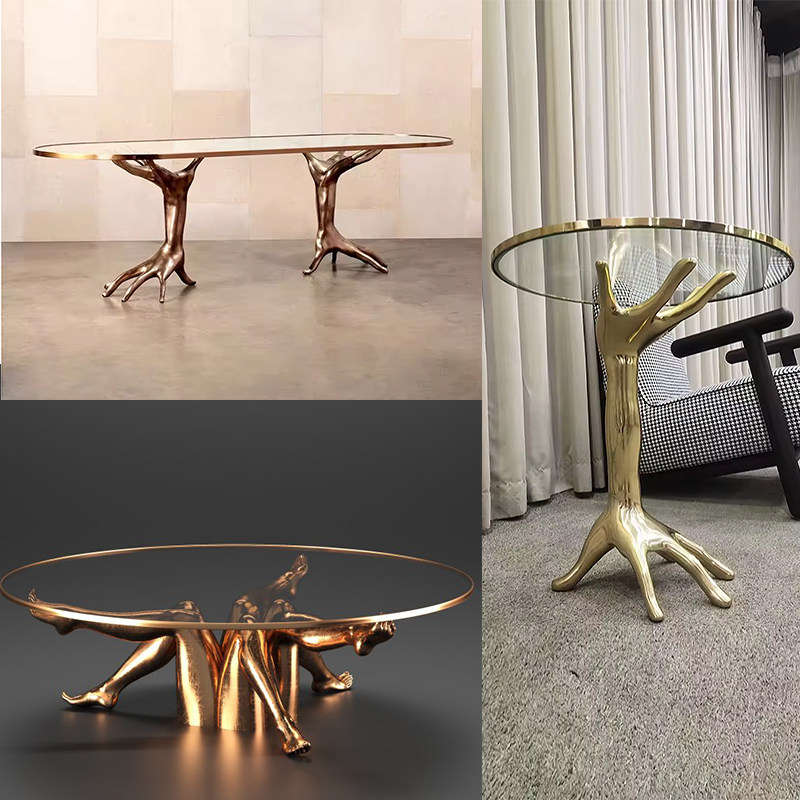 设计师异形玻璃钢创意美人腿茶几手掌边几钢化玻璃电镀茶几样板房