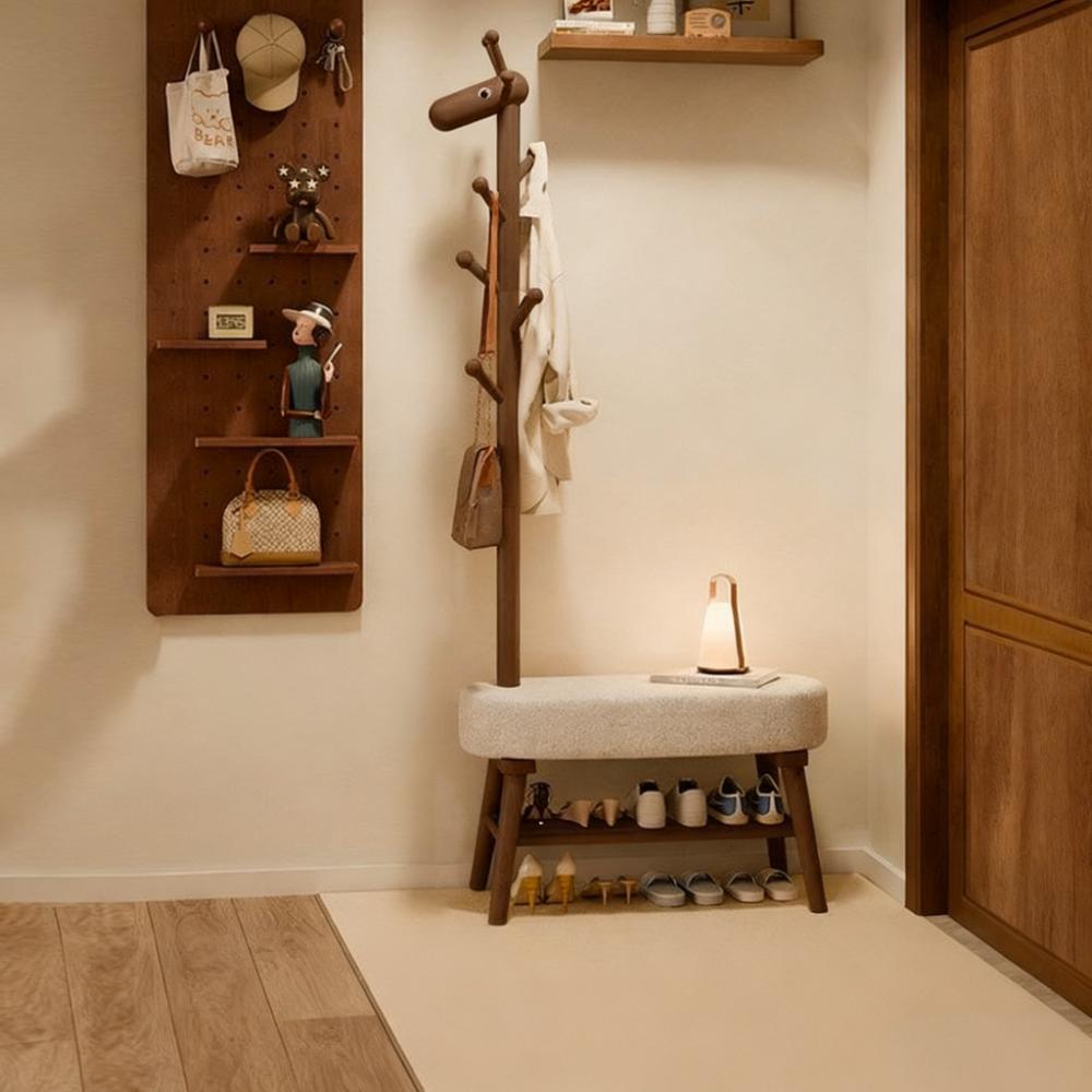 MOER实木小鹿换鞋凳挂衣架一体家用门口穿鞋凳子可坐鞋柜衣帽架