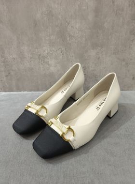 -Kamp-K 2025年春夏新款方头拼色中跟高跟鞋女金属扣法式单鞋