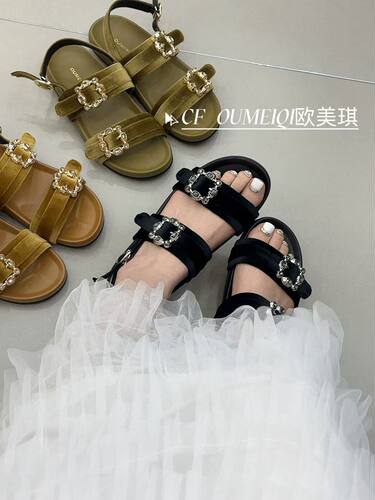 2026新款丝绒水钻女鞋平底凉鞋女水钻扣带罗马鞋名媛高级感女凉鞋