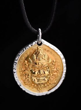 精工版【黄财神】吊坠男女纯银贴黄金手工项链金包银招财转运挂坠