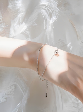 s925镀银手链女气质双层简约方形锆石手环女闺蜜日韩百搭生日礼物