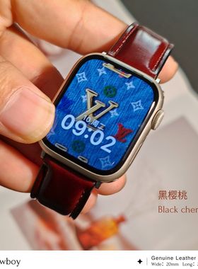 黑樱桃色适用applewatchs11进口油蜡真皮秋冬苹果手表S10987E表带
