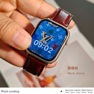 黑樱桃色适用applewatchs11进口油蜡真皮秋冬苹果手表S10987E表带