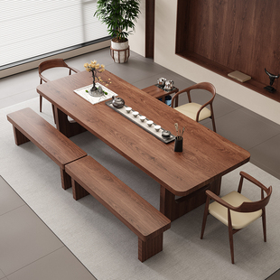 现代简约全实木原木茶台大板茶桌椅组合客厅办公室新中式一桌五椅