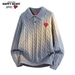 上衣 翻领情侣针织宽松毛衣休闲针织衫 查尔斯桃心慵懒秋冬季 新款