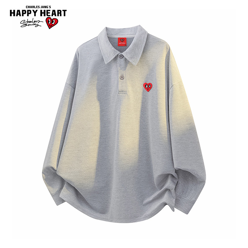 查尔斯桃心学院风POLO衬衫领卫衣男春秋季宽松休闲百搭情侣上衣服