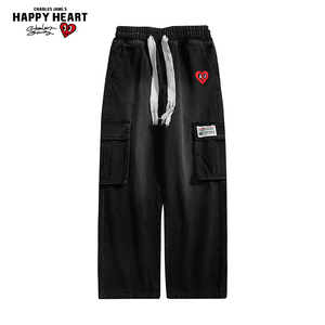 查尔斯桃心 多口袋牛仔裤男春秋2023新款爱心刺绣直筒宽松阔腿裤
