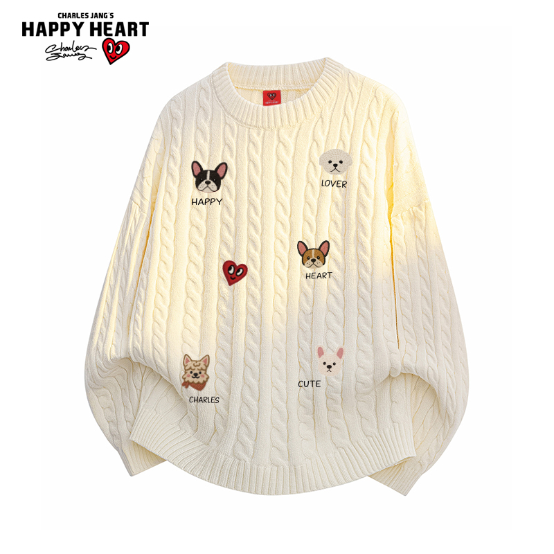 查尔斯桃心小狗印花毛衣男女冬季保暖加绒加
