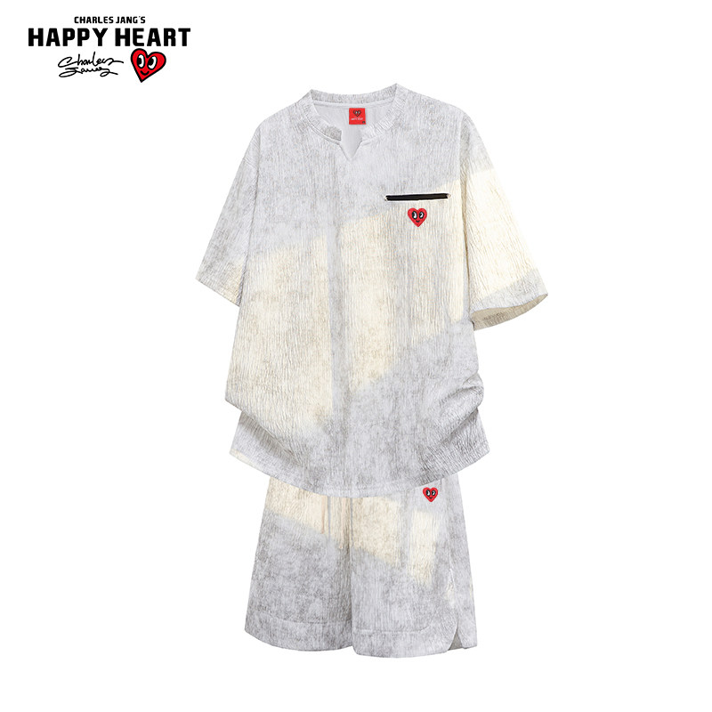 查尔斯桃心夏季扎染休闲运动套装男女小V领学院风短袖T恤五分短裤