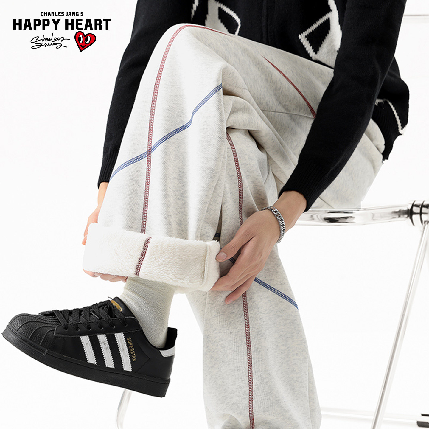 查尔斯桃心美式哈苏线弯刀卫裤男秋冬季加绒加厚重磅休闲运动长裤