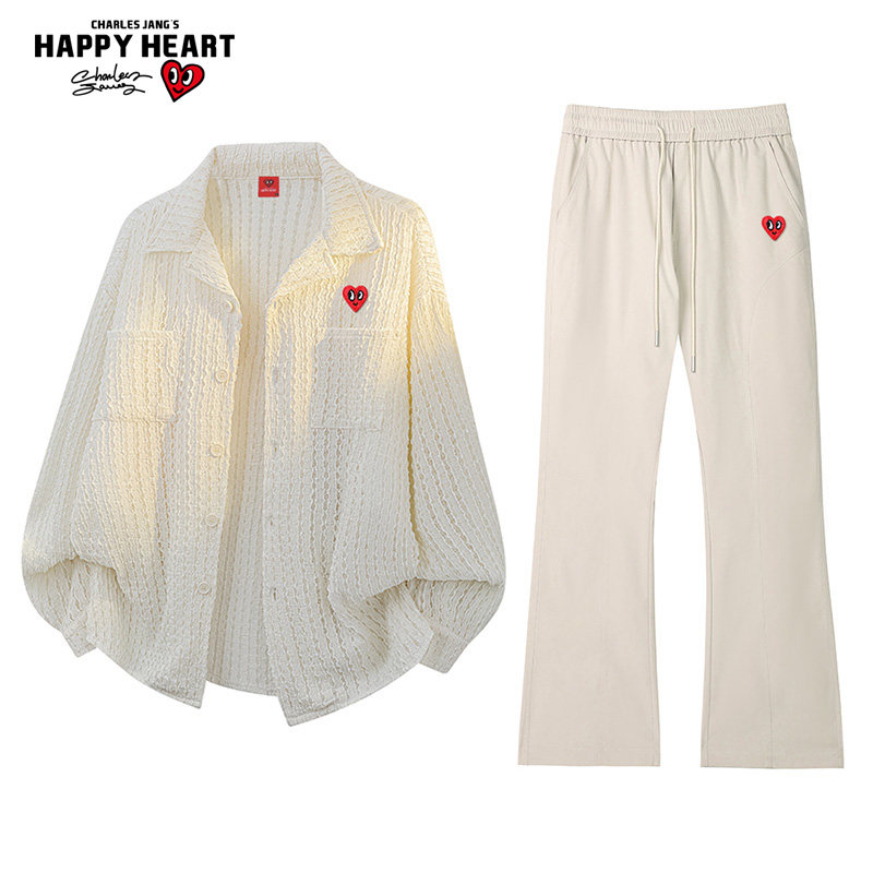 查尔斯桃心休闲提花衬衫套装男女春秋季长袖衬衣弯刀长裤一套搭配