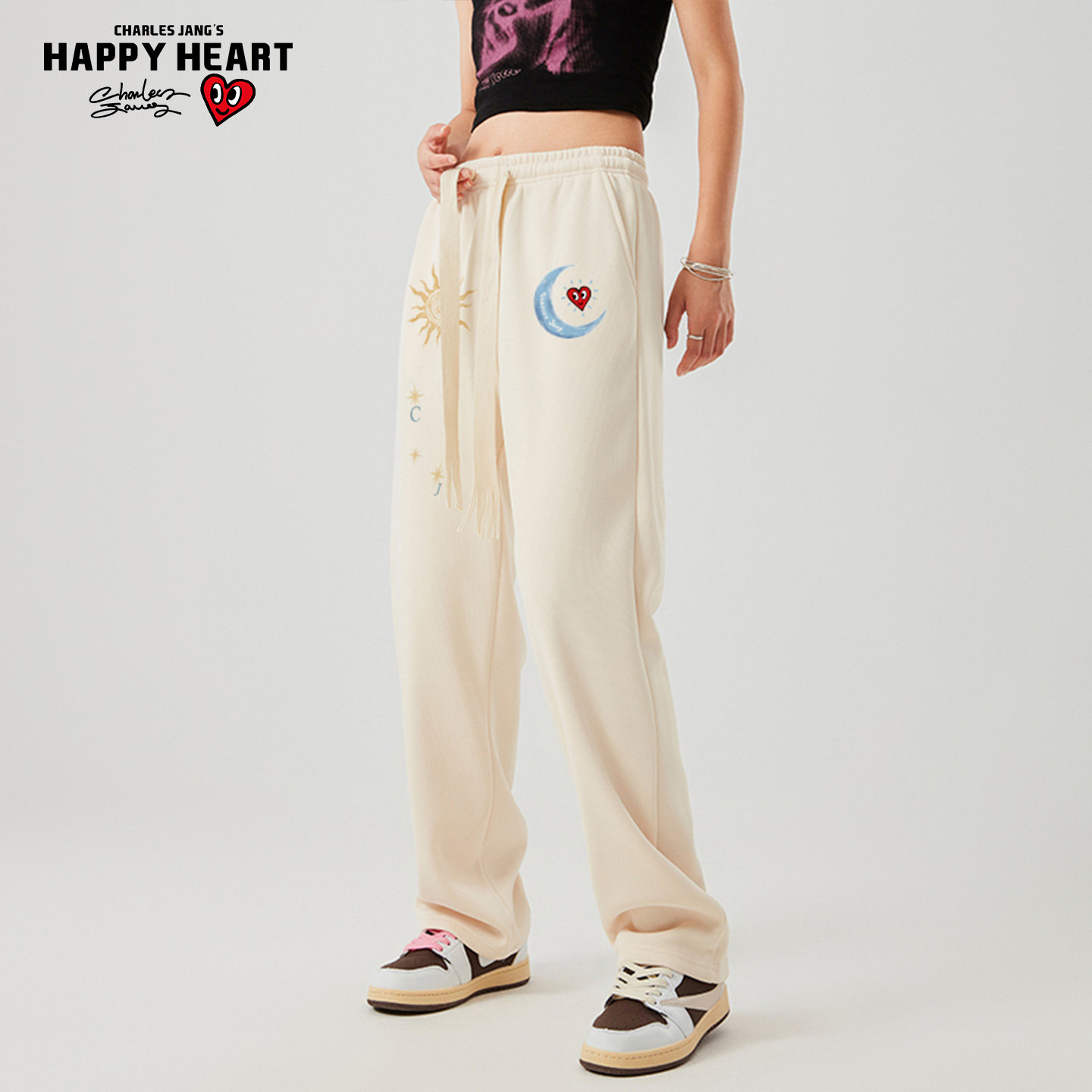 查尔斯桃心休闲裤男春季复古百搭宽松直筒抽绳垂感拖地运动卫裤潮