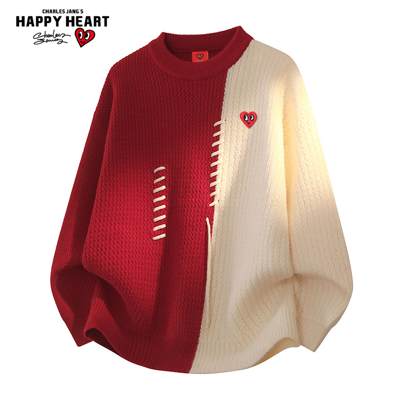 查尔斯桃心 美式撞色抽绳设计毛衣男圆领秋冬季新款潮牌情侣上衣