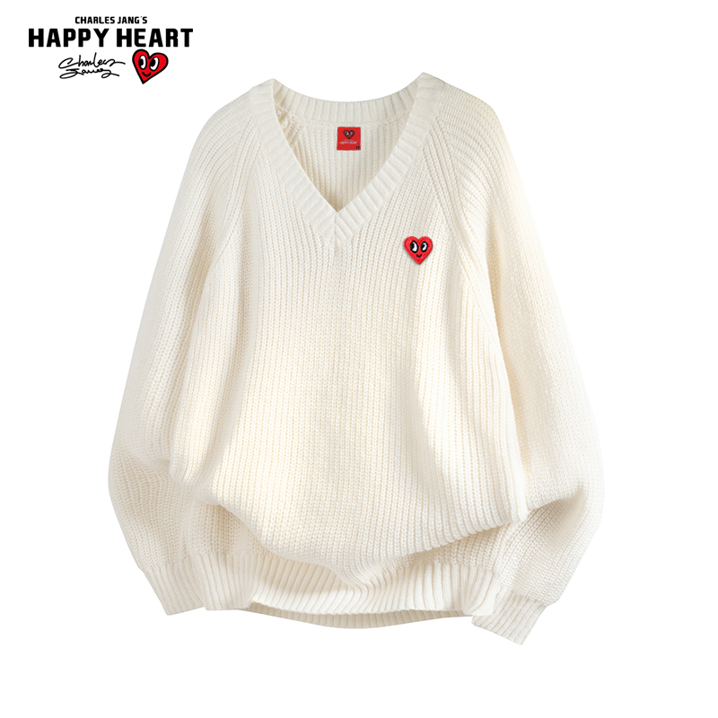 查尔斯桃心v领纯色慵懒情侣针织衫秋冬季新款休闲套头男士毛衣潮