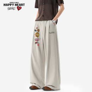 学院风趣味涂鸦情侣裤 查尔斯桃心直筒休闲裤 美式 阔腿长裤 子潮 夏季