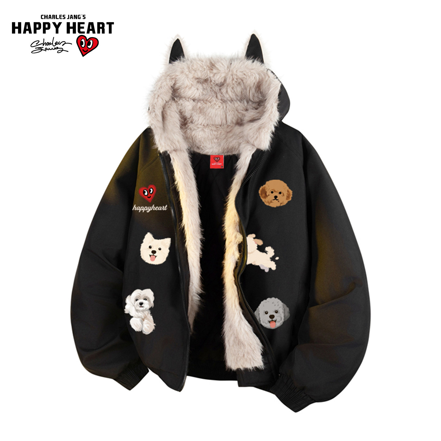 查尔斯桃心新款猫耳连帽棉衣男女冬季加厚保暖小狗印花棉服外套潮