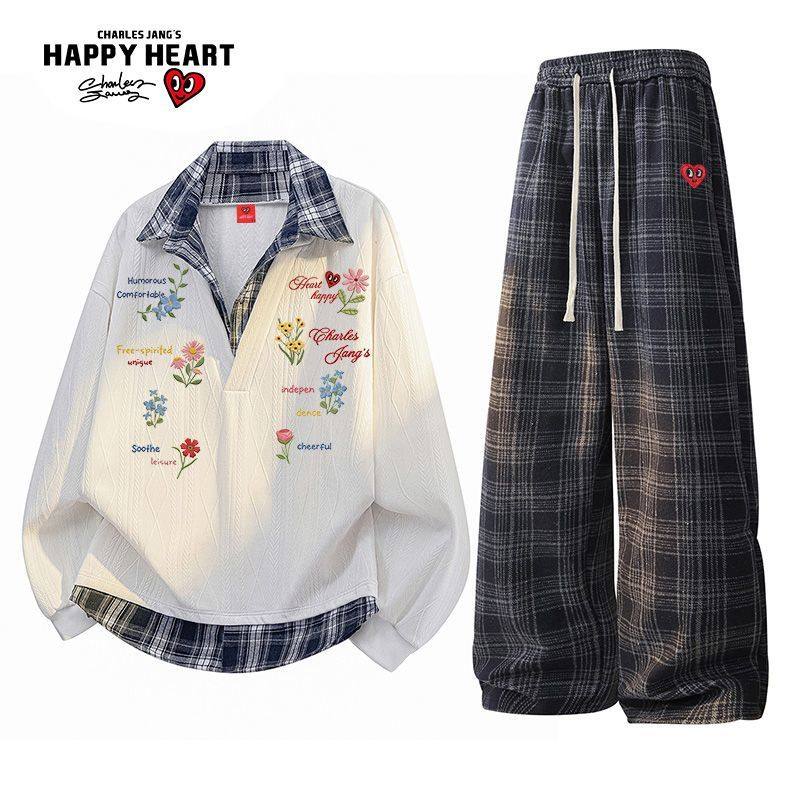 查尔斯桃心假两件花卉印花格子衬衫领卫衣爱心格纹休闲裤两件套男,男装,休闲运动套装,淘宝优惠券,粉丝福利购,淘宝优惠卷