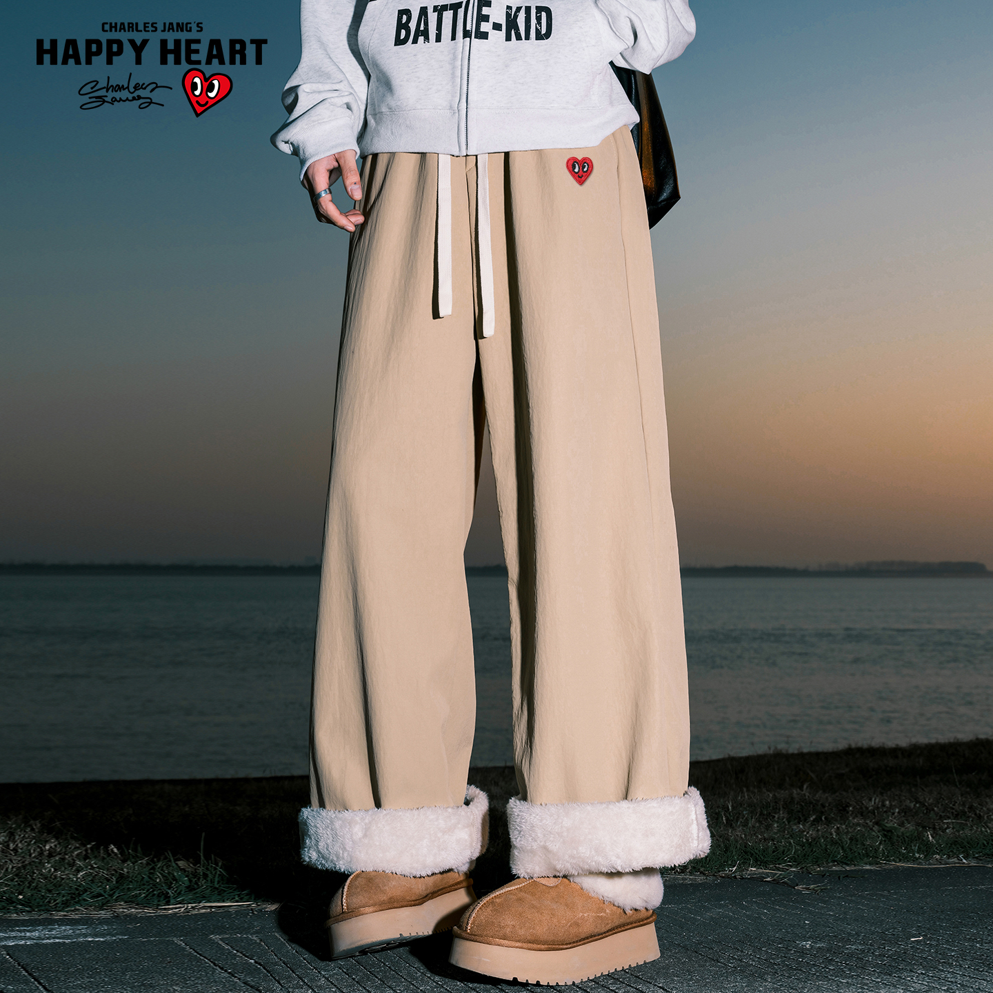 查尔斯桃心超厚北极绒裤子男款冬季加绒加厚棉裤直筒保暖休闲长裤