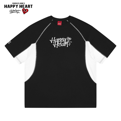 查尔斯桃心 字母刺绣拼色短袖T恤男女夏季宽松纯棉撞色2025新款