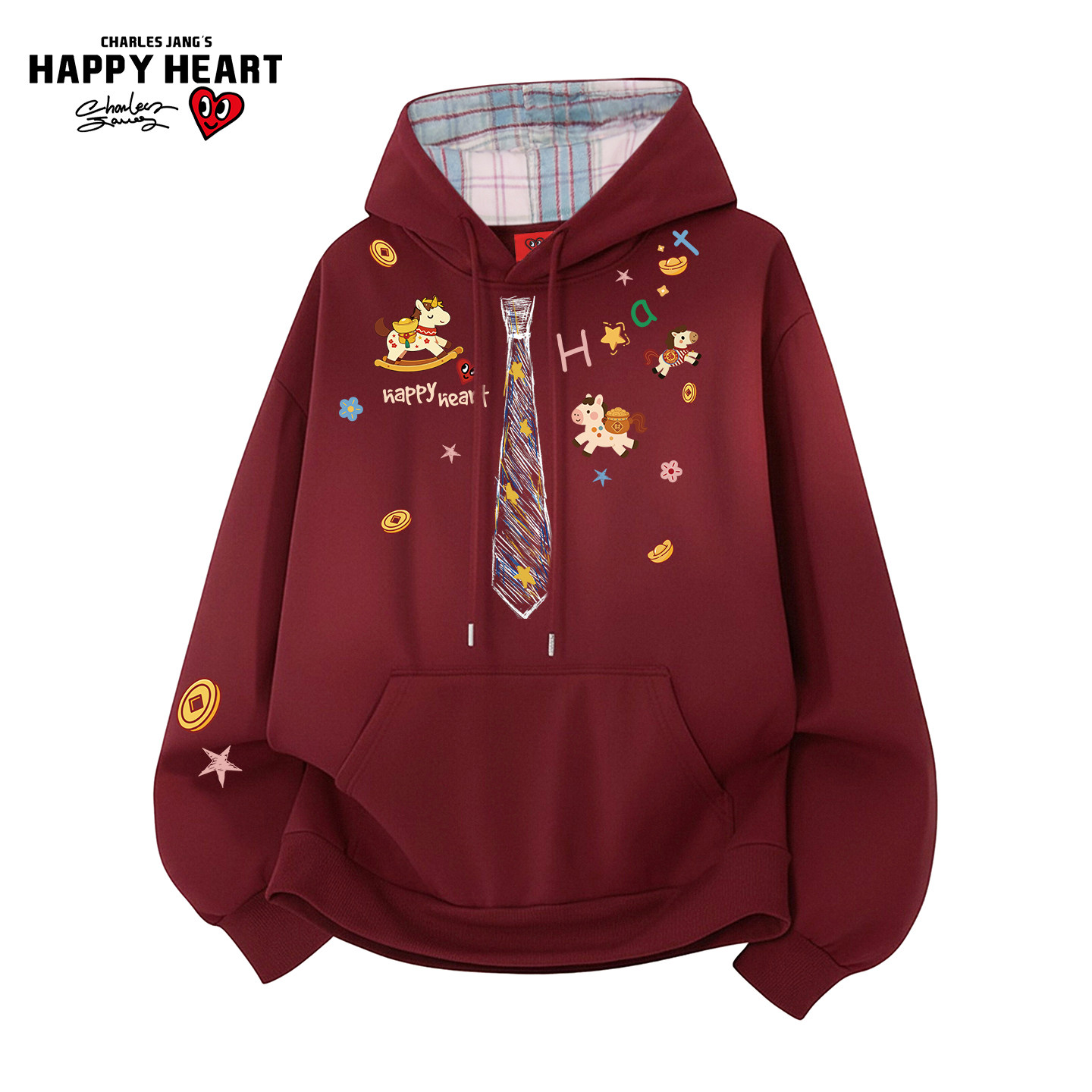 查尔斯桃心马年迎春红色连帽卫衣男春秋季小马领带印花情侣上衣