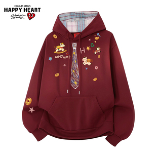 查尔斯桃心马年迎春红色连帽卫衣男春秋季小马领带印花情侣上衣