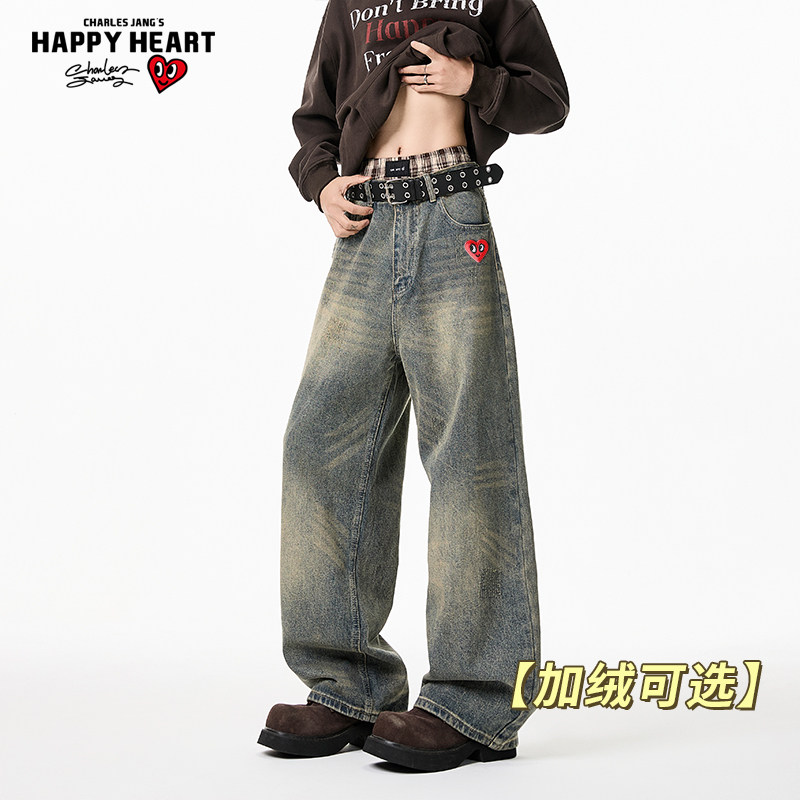 查尔斯桃心 美式复古牛仔裤男春秋冬季加绒加厚直筒休闲水洗长裤