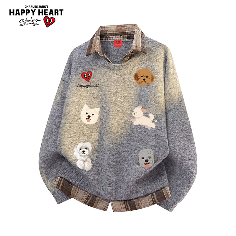查尔斯桃心小狗印花拼接衬衫领毛衣冬季新款男女宽松慵懒针织衫潮