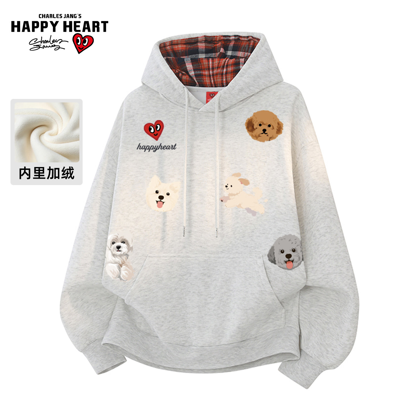 查尔斯桃心美式小狗印花格纹卫衣男连帽冬季加绒加厚潮牌情侣上衣