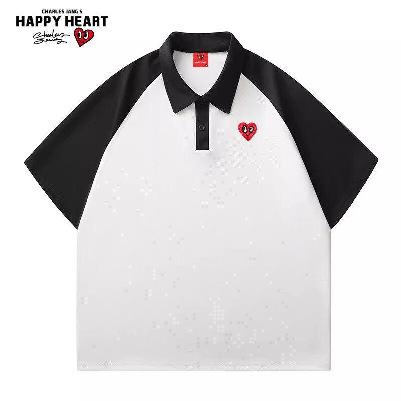 查尔斯桃心 短袖POLO衫男拼色爱心刺绣夏季潮牌2026新款短袖t恤