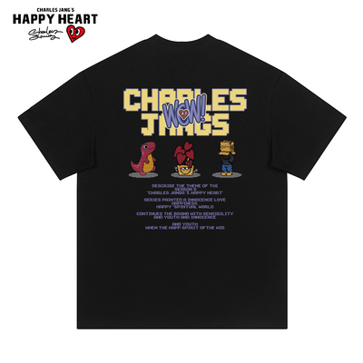 查尔斯桃心 美式复古像素风纸盒人恐龙卡通印花圆领纯棉短袖t恤男