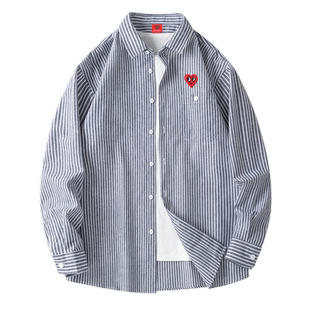 查尔斯桃心2025年新款条纹翻领衬衫男单排扣爱心刺绣上衣情侣外套