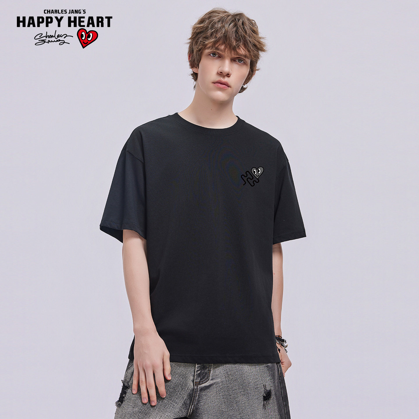 查尔斯桃心品牌logo百搭基础款纯棉短袖T恤男女夏季宽松情侣半袖